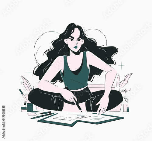 Creative Designer at Work: A focused designer brings a professional illustration to life, sketching with precision and artistry, and surrounded by tools of the trade. 