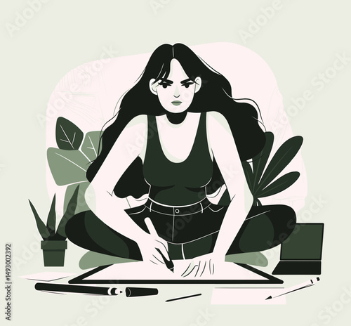Creative Process: A focused individual immersed in the artistic process, creating a digital artwork with pen on a tablet, showcasing passion, inspiration, and dedication.