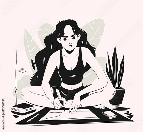 Artistic Pursuits: A young woman artist concentrates intensely on her artwork, surrounded by the tools of her trade, immersed in a creative sanctuary.