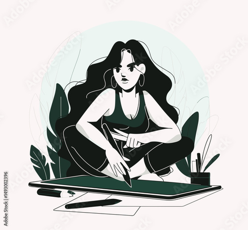 Creative Contemplation: A modern artist sits immersed in creative flow, pen in hand, amidst lush foliage, sketching with focus and intent on a digital tablet.