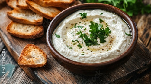 A bowl of creamy dip garnished with herbs, accompanied by toasted bread on a wooden board, suggesting a snack or appetizer setting.