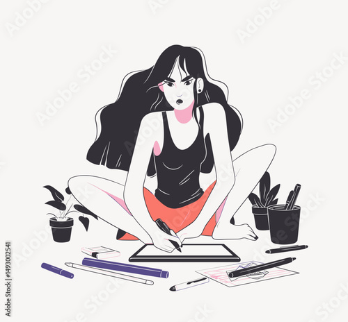 Creative Focus: A stylized illustration of a young woman with long black hair, wearing headphones, focuses intently on her digital tablet, surrounded by art supplies and potted plants.