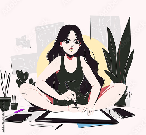 Digital Artist at Work: An artist sits cross-legged, intently focused, surrounded by tools of the trade, illustrating the dedication and creativity of the profession. 