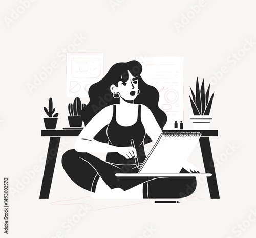 Creative Process: An illustration showcases a woman immersed in creative work, surrounded by elements associated with art and design. The woman sits comfortably, her focus drawn to her digital tablet.