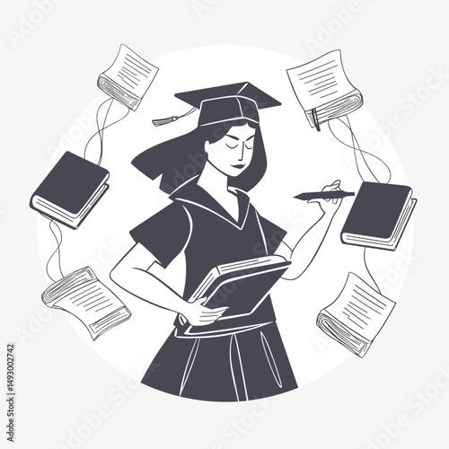 Academic in thought: A graduate student in academic attire, surrounded by books and floating papers, demonstrates the essence of education. A visual narrative of knowledge, progress, and aspiration.