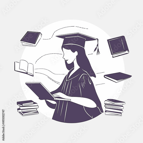 Knowledge Seeker: A female graduate, immersed in study, is surrounded by books and digital devices, symbolizing a thirst for learning and the pursuit of higher education.