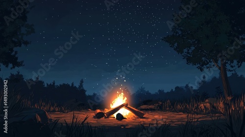 A campfire scene at night with a blank starry sky above.