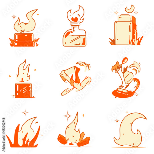 Burning Spirit Icons: A collection of stylized flame illustrations, perfect for conveying energy, passion, or warning. The set includes diverse fire symbols, perfect for graphic resources and design.