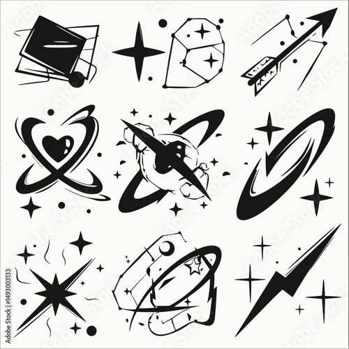 Abstract Space Icons: Nine unique, minimalist vector designs, each a dynamic representation of cosmic elements, set against a clean, uncluttered backdrop. Ideal for design projects.