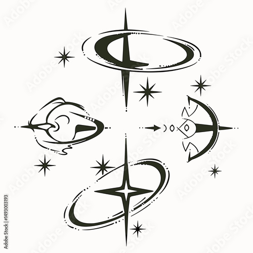 Celestial Alignment: An intricate, hand-drawn design depicting four celestial bodies, each with a unique form and orbit, creating a sense of cosmic harmony and wonder.