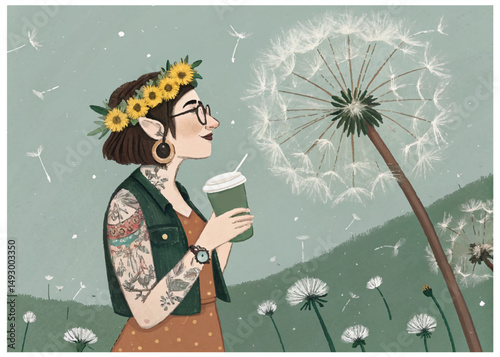 A modern hipster fairy with a flower crown and stylish tattoos stands casually under a giant dandelion