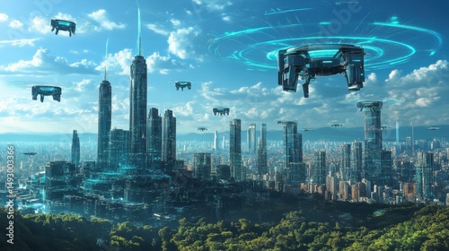 A city secured by AI, with holographic barriers and automated patrolling drones.