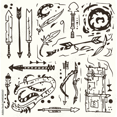 Ancient Weaponry and Tools: A collection of ancient weaponry and tools in a stylized black and white illustration evokes a sense of history, adventure, and the human desire for survival and skill.