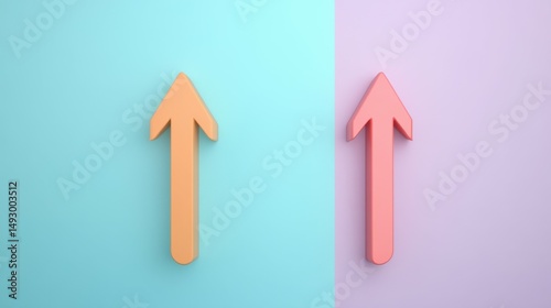 A clean 3D rendering of two arrows, one up and one down, symbolizing opposing choices, placed neatly on a smooth, pastel-colored surface
