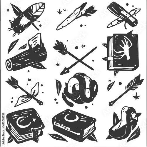 Mystical Symbolism: Artistic ink drawing of various esoteric symbols and ancient artifacts, creating a captivating vintage collage.