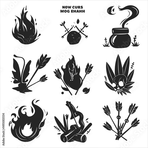 Fantasy Game Icons: A collection of nine unique fantasy game icons, featuring flames, arrows, potions, and skulls.  Perfect for game design, UI, or fantasy-themed projects.