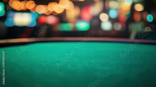 a close up of a empty green table with blurred casino background