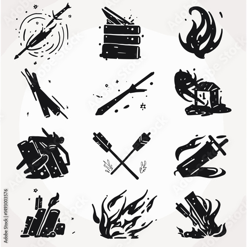 Survival Elements Icon Set: A collection of simple, yet striking, hand-drawn icons representing the essential elements for survival and preparedness. Each icon, rendered in a bold, minimalist style.