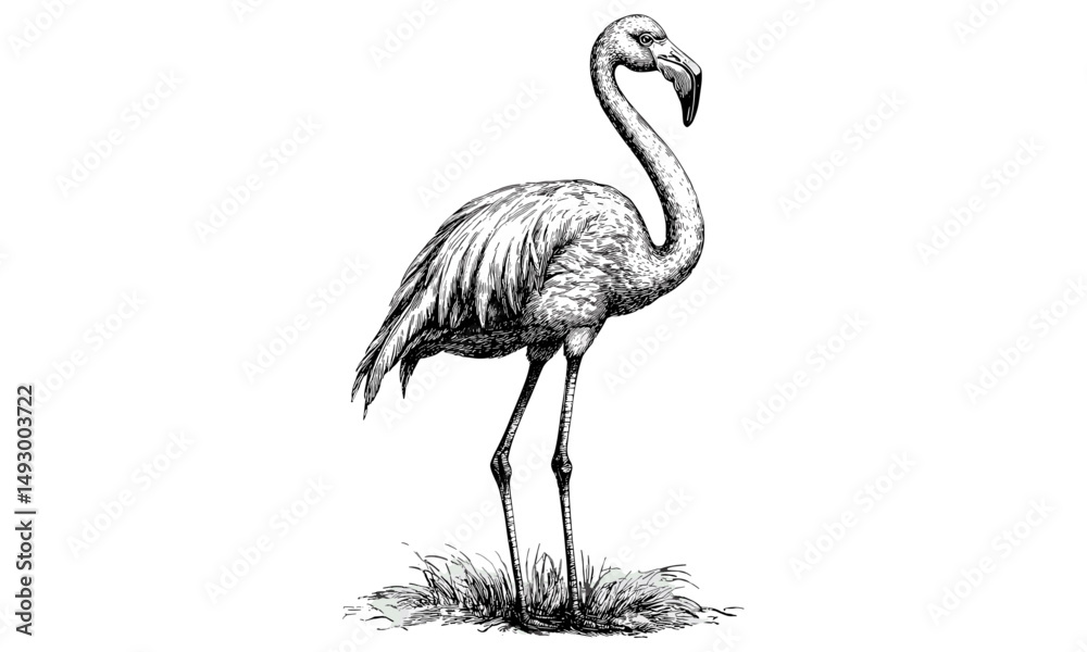 Fototapeta premium Flamingo engraving art, hand-drawn bird illustration, vintage wildlife sketch, monochrome retro etching, coastal and tropical decor, black ink drawing, exotic nature print, detailed engraving