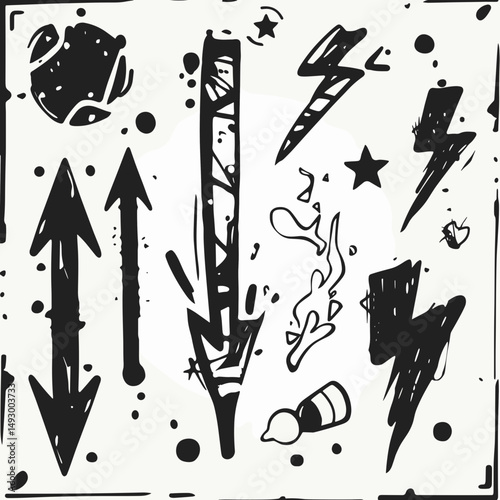 Urban Doodle Elements: An assortment of bold, hand-drawn urban doodles, with arrows, lightning bolts, and stars. This artwork evokes an energetic, street-style aesthetic.