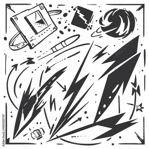 Artistic Explosion Composition: An artistic composition explodes with energy, utilizing stark black and white illustrations of abstract elements and dynamic lines. Capturing an innovative.