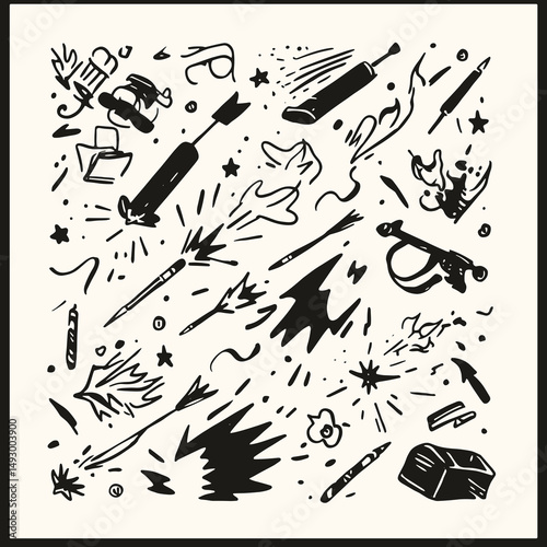 Exploding Ideas: A vibrant collection of hand-drawn doodle elements depicting explosions, arrows, stars, and various creative tools, suggesting a burst of imagination and innovation.