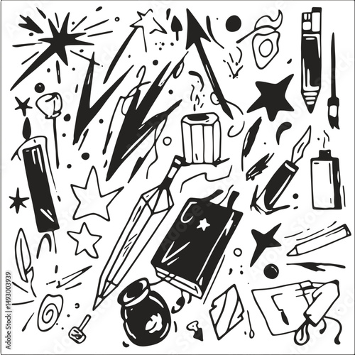 Hand-drawn Doodle Collection: A vibrant collection of hand-drawn doodles, including stars, lightning bolts, candles, pens, and inkwells, perfect for adding a touch of creativity to any project.