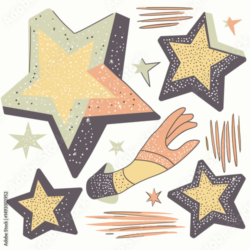 Hand Reaching Stars:  A whimsical hand reaches out towards a field of glittering stars, symbolizing aspirations and dreams.  