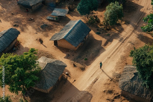 Aerial view of a person walking on a dirt road toward small huts in a rural village at sunset, Cinematic aerial shot over person entering small Zambia village