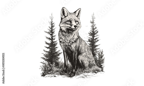 Monochrome fox sketch, vintage wildlife etching, hand-drawn forest mammal, rustic animal print, retro fauna drawing, detailed nature illustration, classic engraving style, black ink art
