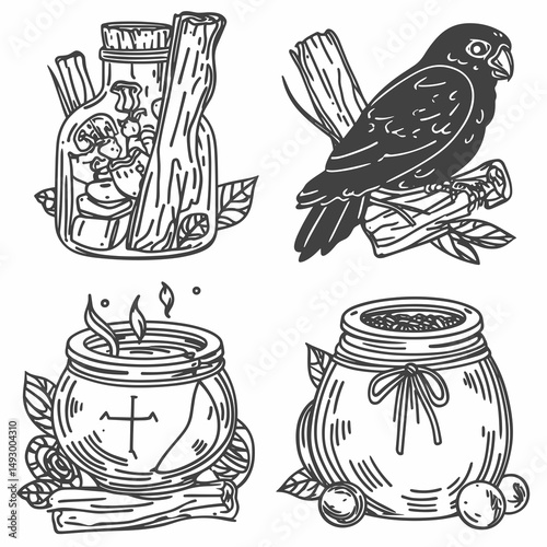 Enigmatic Collection: Intriguing vintage illustrations, each telling a unique tale through intricate lines, evoke a sense of mystery and artistic charm.