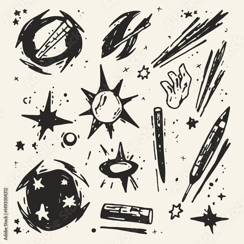 Celestial Cartography: A dynamic, hand-drawn illustration of celestial elements, showcasing a collection of stars, streaks, and cosmic bodies against a minimalist background.