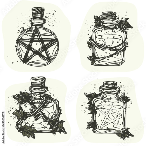 Mystical Potion Collection: An illustrated collection of four intricately drawn potion bottles, each with unique designs and embellishments, exuding an aura of enchantment and intrigue.