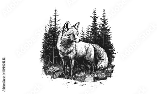 Vintage fox engraving, hand-drawn line art, forest animal illustration, monochrome mammal sketch, rustic wildlife etching, detailed nature drawing, retro fauna print, black sketch,