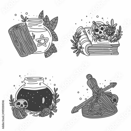 Esoteric Emblems: Conjuring an aura of mysticism, this graphic resource presents four evocative monochrome illustrations featuring occult elements, perfect for adding a touch of intrigue.