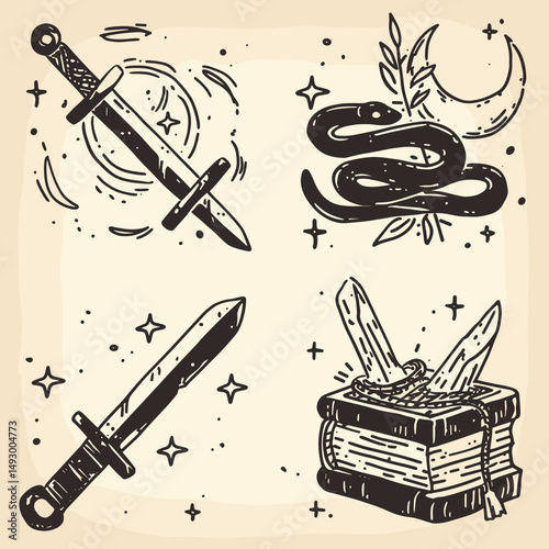 Mystical Emblems of Enchantment: A collection of symbolic elements, hand-drawn with meticulous detail, conveying an aura of mystique, wonder, and arcane power. 