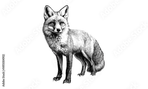 Vintage fox engraving, hand-drawn forest animal, monochrome etching, winter wildlife sketch, retro style illustration, snowy nature decor, detailed animal print, classic sketch