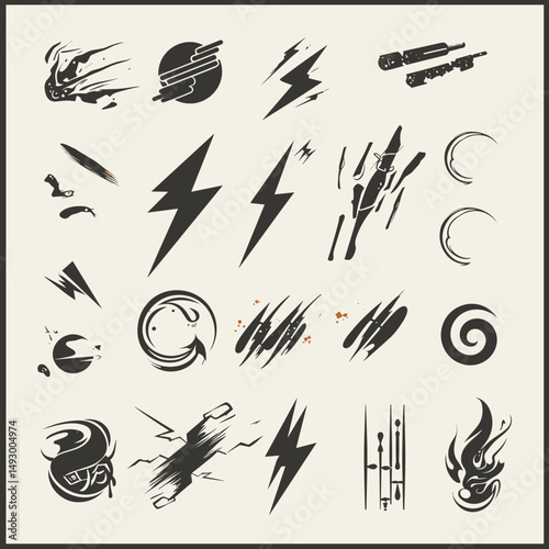 Abstract Icon Set: A collection of dynamic, minimalistic icons that represent various abstract elements and graphic concepts, each exuding a unique artistic flair, for a bold and modern aesthetic.