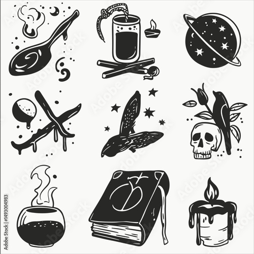 Occult Symbol Pack: A visually striking collection of 12 unique occult symbols, featuring detailed depictions of candles, skulls, books, bats, and other mystic elements.