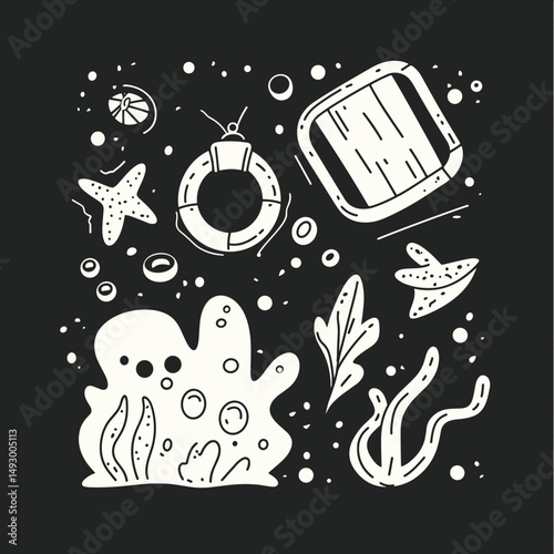 Oceanic Whispers: A collection of hand-drawn oceanic elements evokes the mysteries of the sea with playful art.