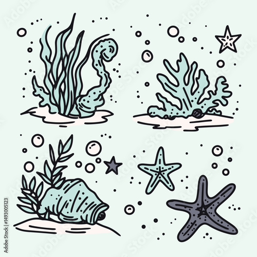 Underwater Ecosystem Illustration: A captivating illustration of the serene underwater world, showcasing a collection of vibrant marine life including seaweed, coral, seashells, starfish, and bubbles.