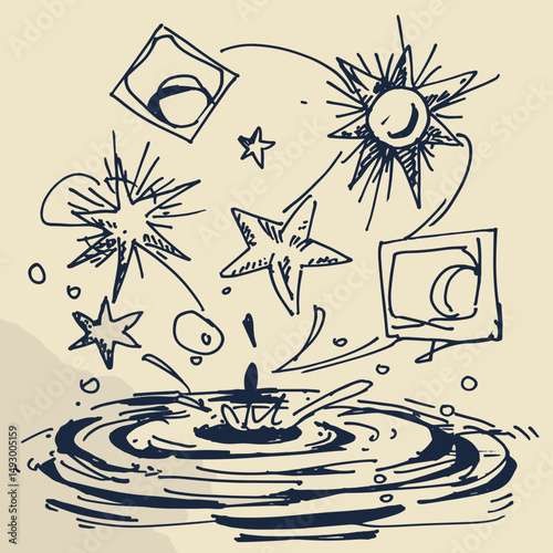 Celestial Symphony: A cosmic illustration showcasing a drop impacting a pool of water, with celestial bodies and stars dancing above.