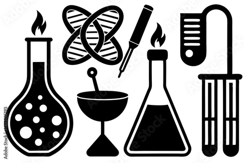 his vector illustration showcases a science and chemistry icon set featuring various laboratory glassware like beakers and flasks, essential equipment for chemical experiments and research in a lab s