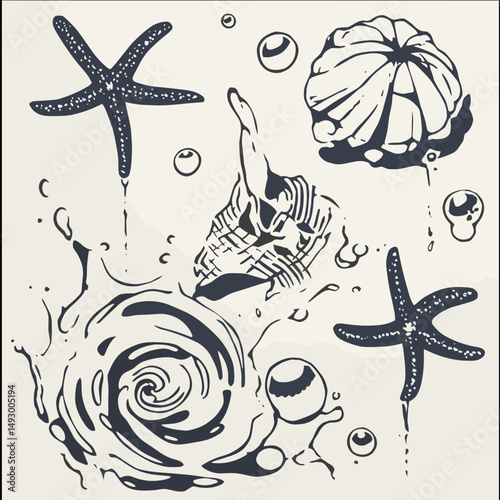 Oceanic Abundance: A captivating monochrome illustration showcases the beauty of the ocean with a collection of starfish, shell, water splash and bubbles.