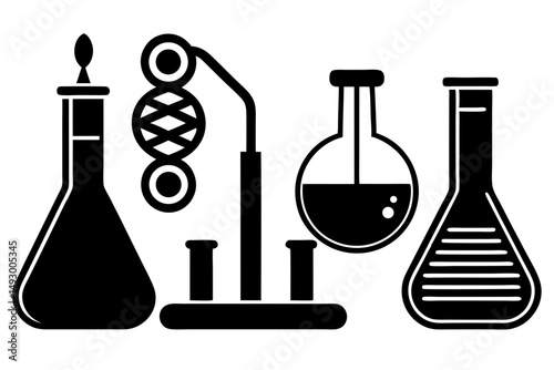 Chemistry lab equipment vector illustration shows isolated blue scientific glassware like beaker and flask used in chemical experiments and analysis
