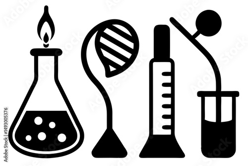 This vector illustration showcases a science and chemistry icon set featuring various laboratory glassware like beakers and flasks, essential equipment for chemical experiments and research in a lab s