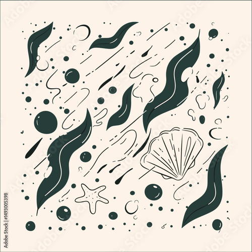 Oceanic Reverie: An intricate design with a charming collection of sea elements, including seaweed, bubbles, and a conch shell, creates a sense of marine allure.