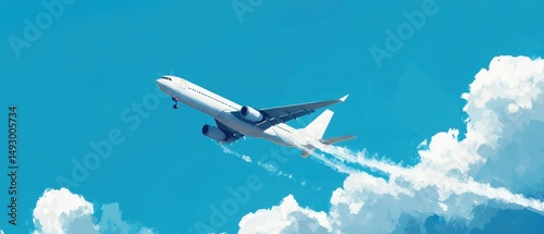 Modern White Passenger Airplane Soaring Through a Vibrant Blue Sky with Fluffy White Clouds Below