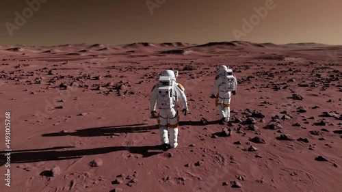 two astronauts walking on the red planet, Mars. The astronauts are wearing white spacesuits with helmets. They are exploring the red planet, surrounded by red sand and rocks.