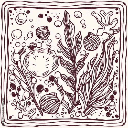 Oceanic Harmony: A detailed, artistic illustration depicts the serene beauty of underwater life, with delicate seaweed, seashells, and bubbles gracefully arranged.